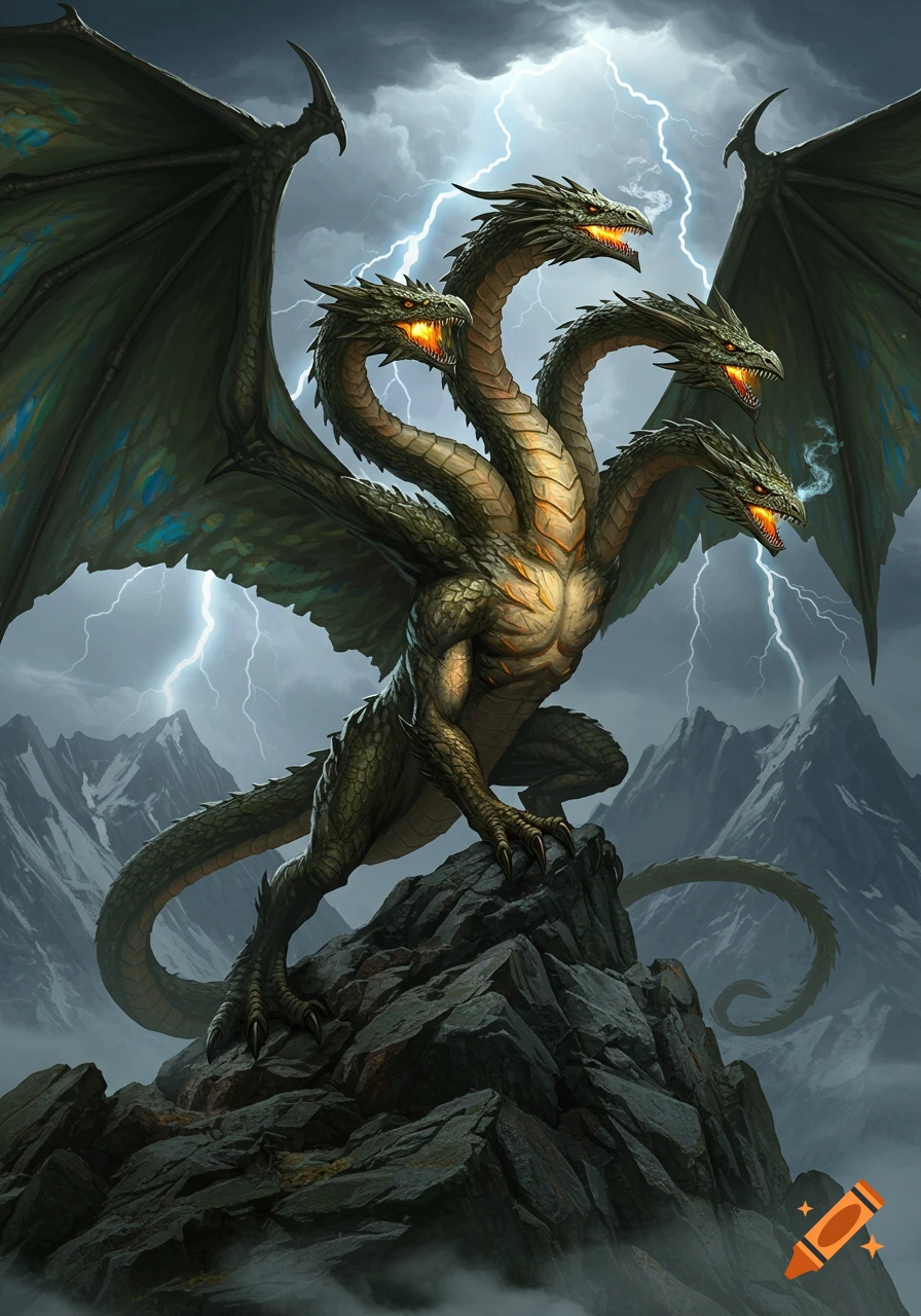 A majestic five-headed green hydra-dragon with glowing eyes and large wings perches on a stormy mountain peak with lightning striking.