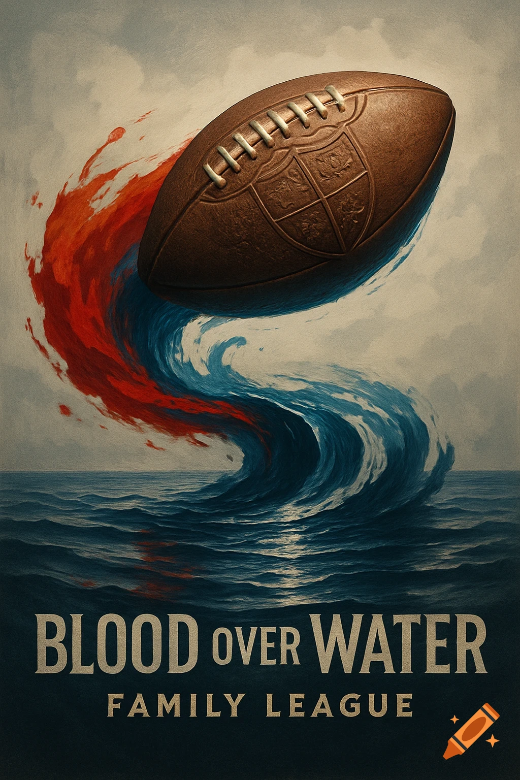 Digital art poster of a brown American football flying over stormy blue waves, with red and blue splashes. Text: BLOOD OVER WATER FAMILY LEAGUE.