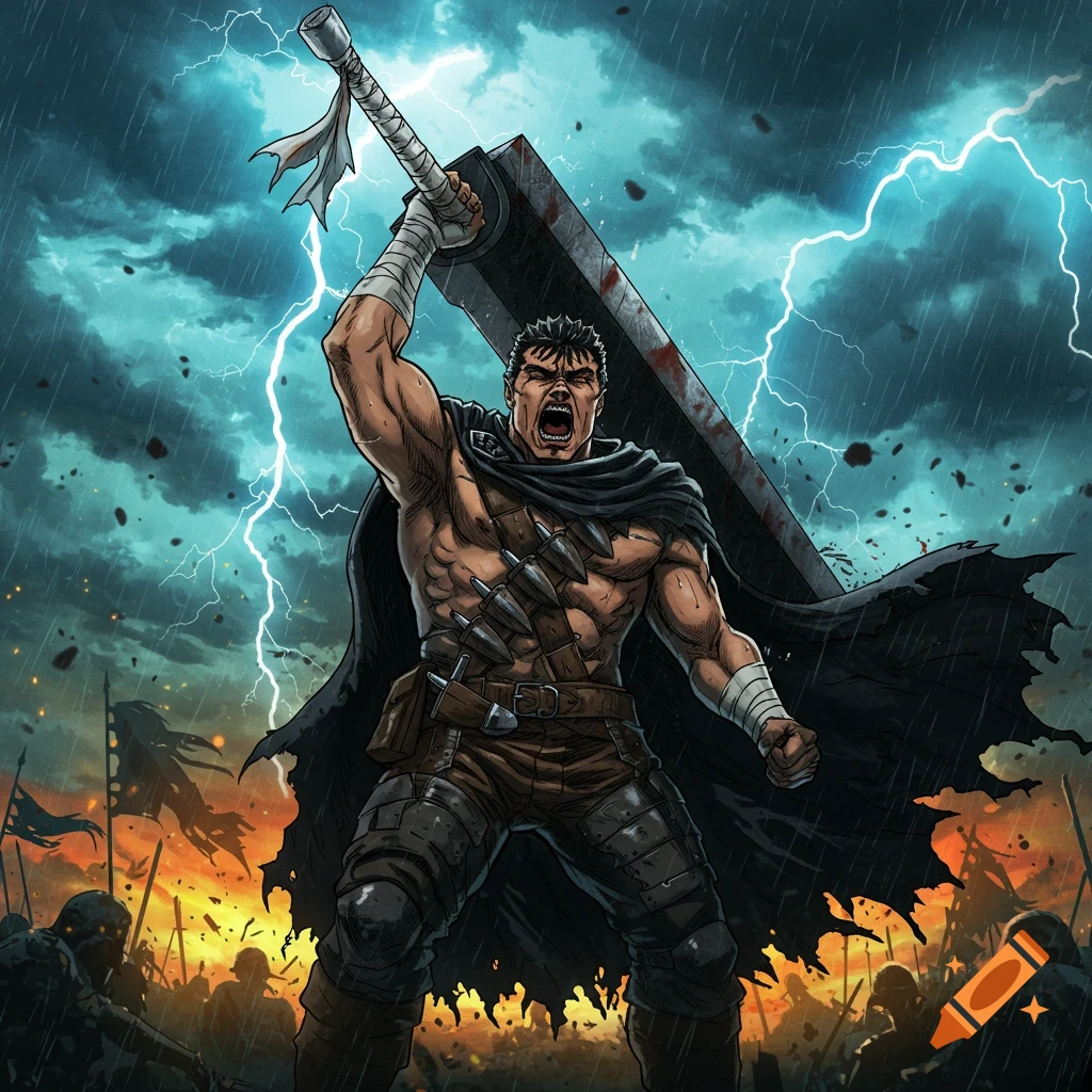 Muscular man, Guts, roaring and raising a giant sword on a stormy battlefield with lightning and rain in a comic art style.