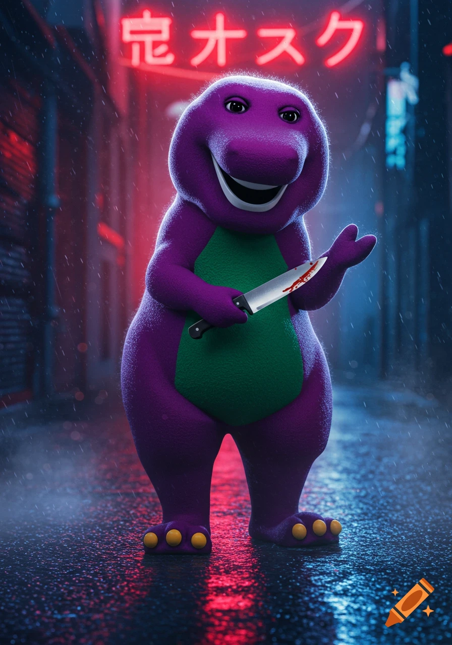 Barney the Dinosaur wearing a dark purple zip-up hoodie and a