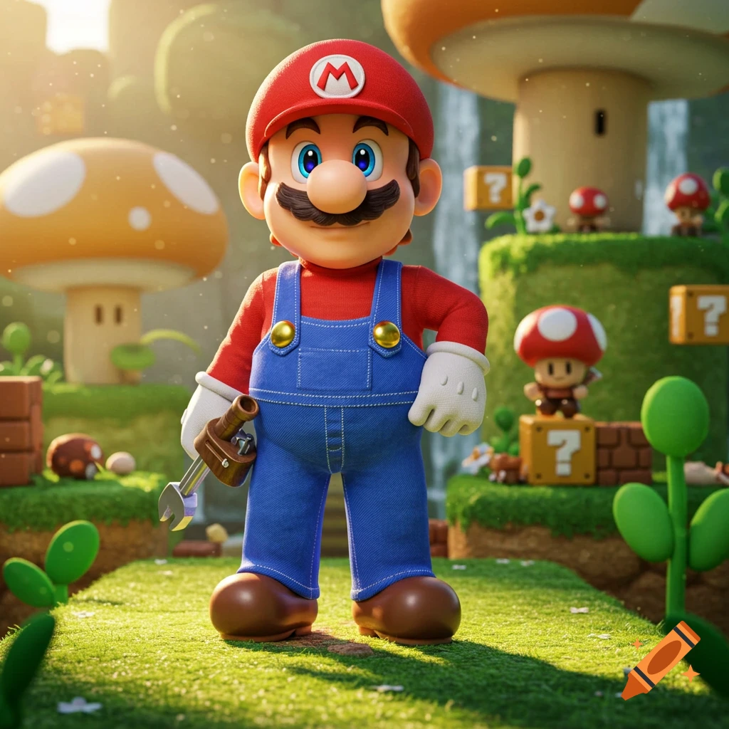 Mario stands in a vibrant, realistic Super Mario Bros. world, holding a wrench, with mushrooms and question mark blocks.