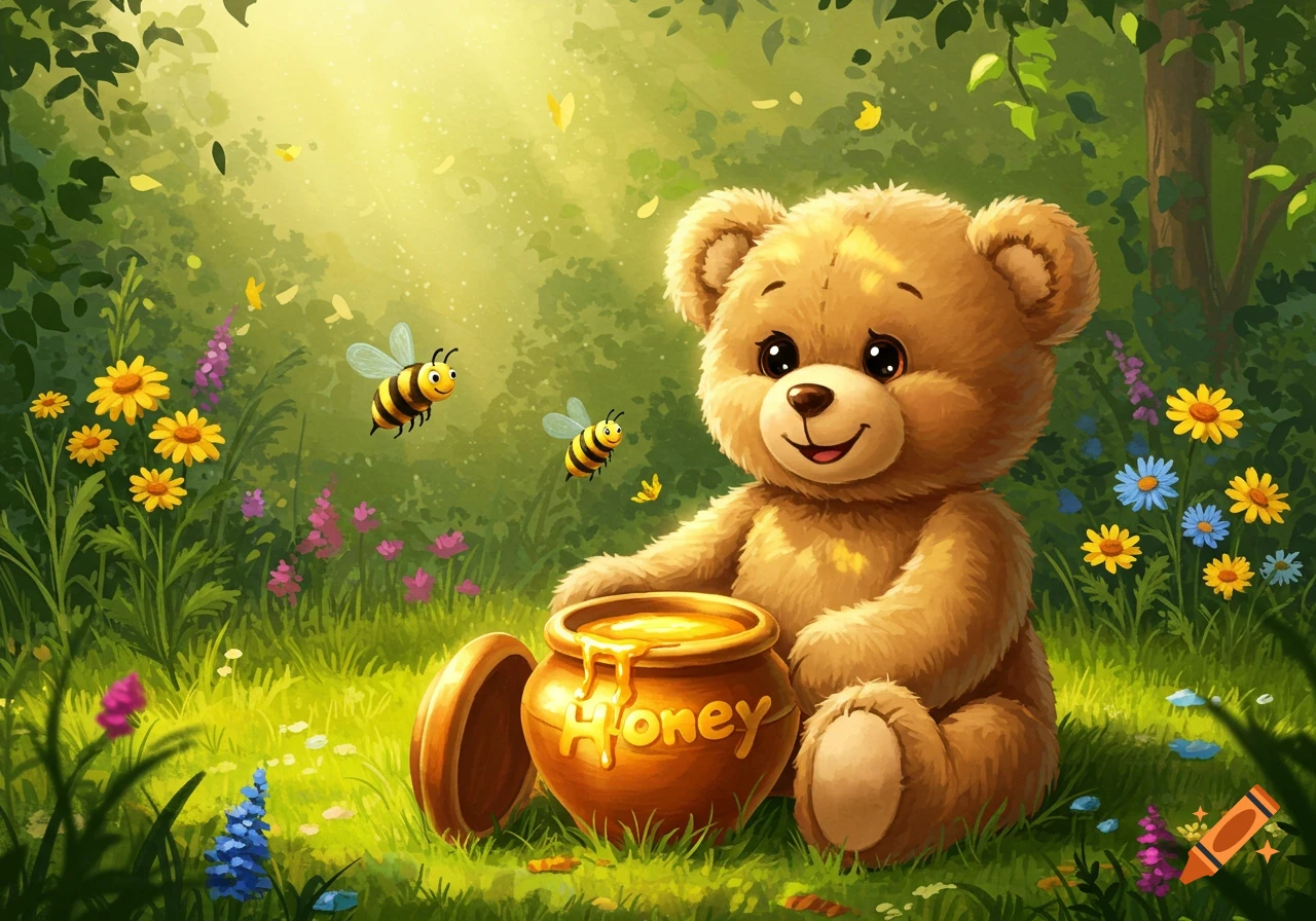 A cute cartoon teddy bear sits in a grassy meadow with an open pot of honey labeled "Honey", surrounded by bees and wildflowers.
