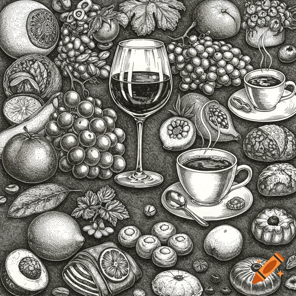 Detailed black and white sketch of a variety of food and drink items, including grapes, lemons, coffee, wine, and baked goods, densely filling the frame.