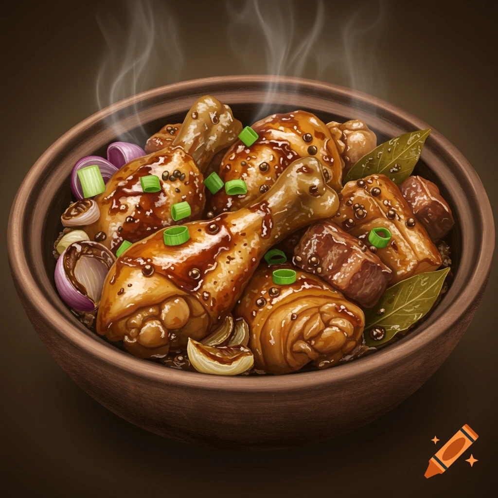 Steaming bowl of Filipino chicken and pork adobo with glossy sauce, garnished with red onions, garlic, bay leaves, and green onions.
