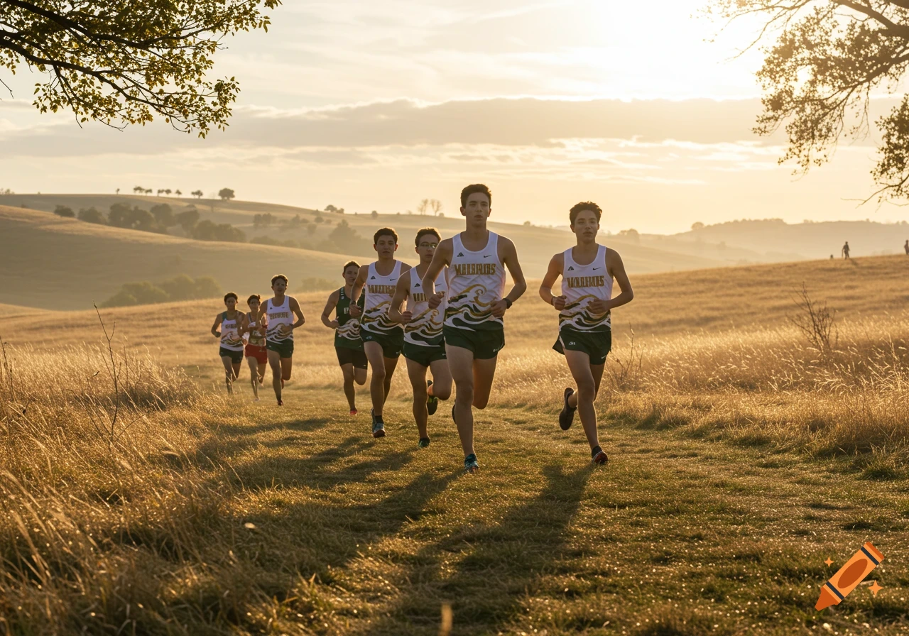 High school cross country runners race across a golden field with rolling hills at sunset.