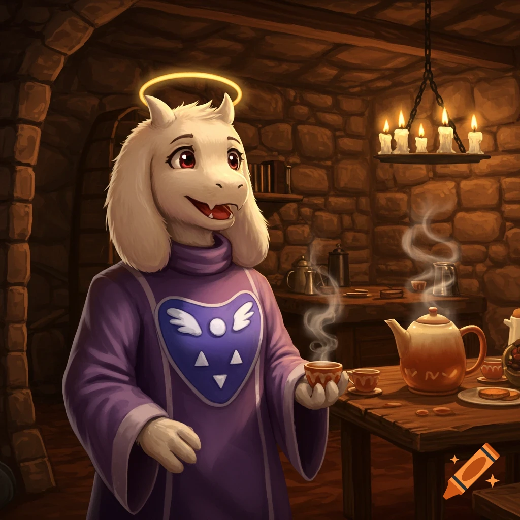 Toriel, a white goat-like monster with a halo, holds a steaming teacup in a cozy, candlelit stone room. Illustration.