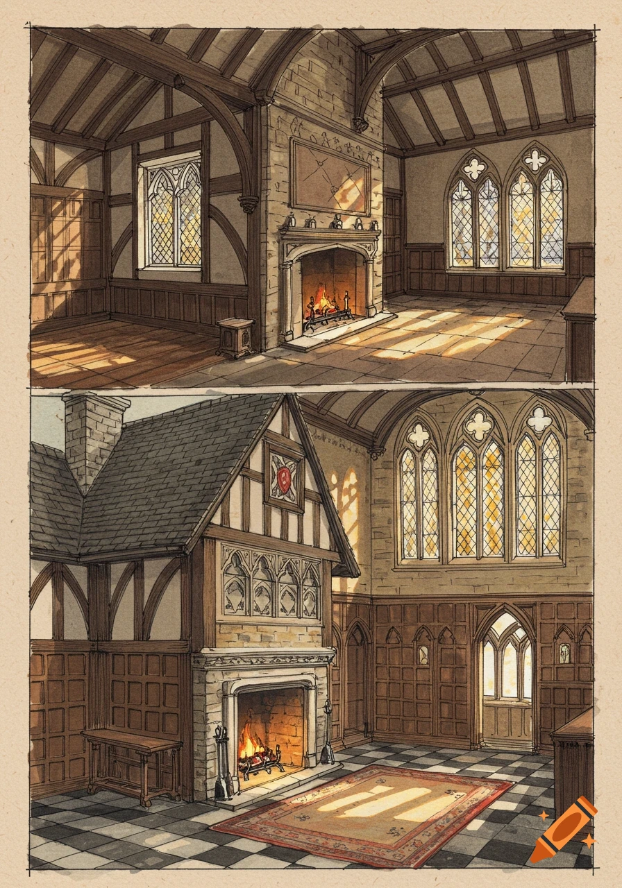 Detailed architectural sketches of two Tudor-style rooms, featuring timber frames, fireplaces, and arched windows, with varied flooring.