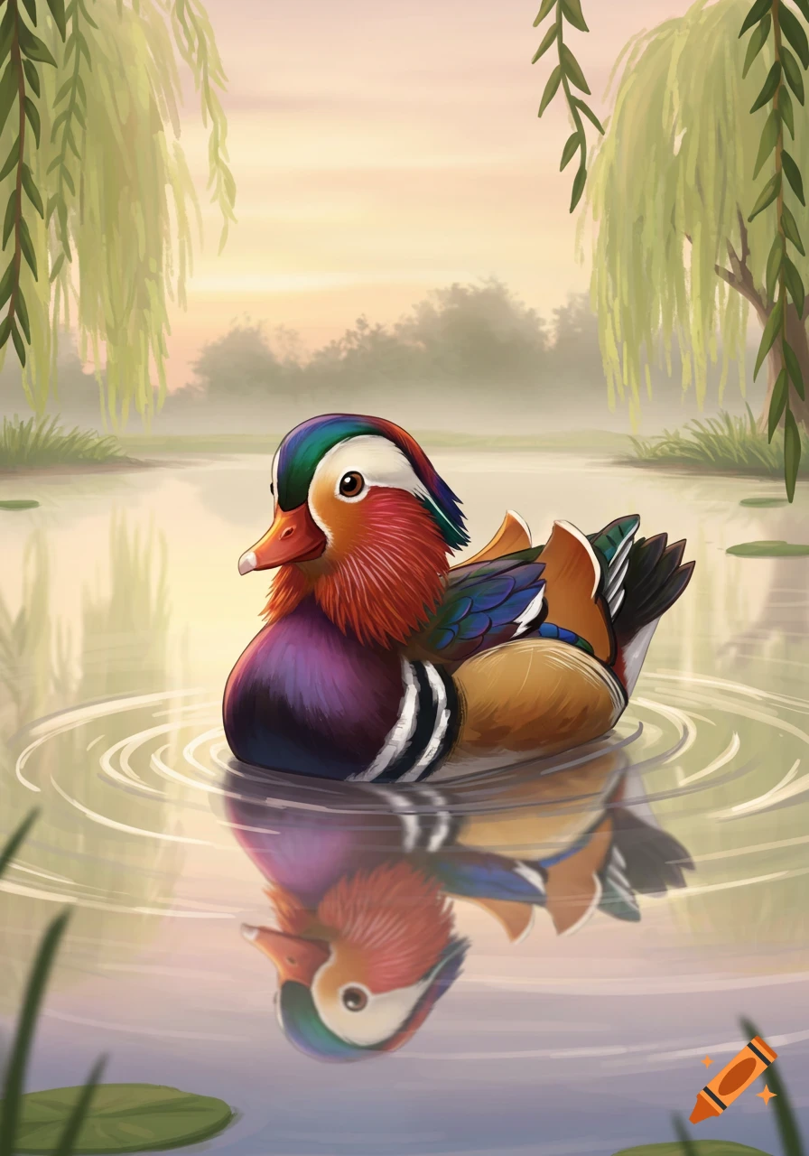 Vibrant illustration of a mandarin duck floating on a calm pond with willow trees and a misty, colorful sky.