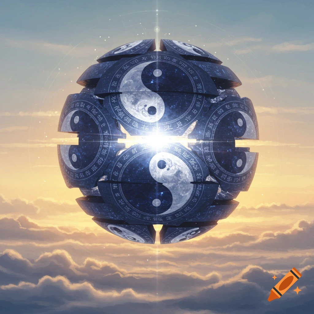 Segmented sphere with Yin and Yang symbols glowing above clouds in a sunset sky.