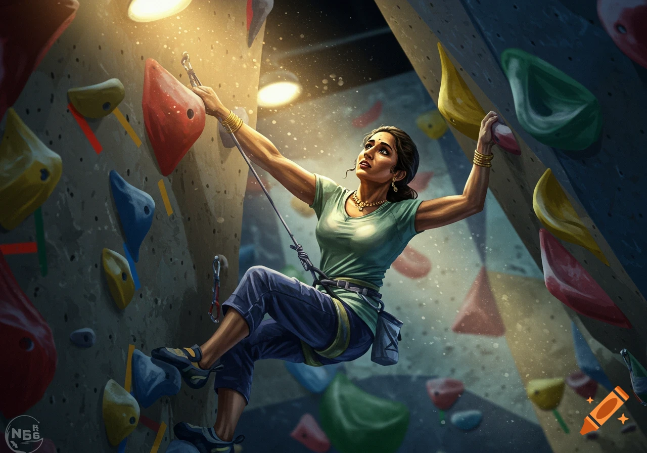 A determined South Asian woman in a green shirt indoor rock climbing on a colorful gym wall, in a vibrant digital art style.