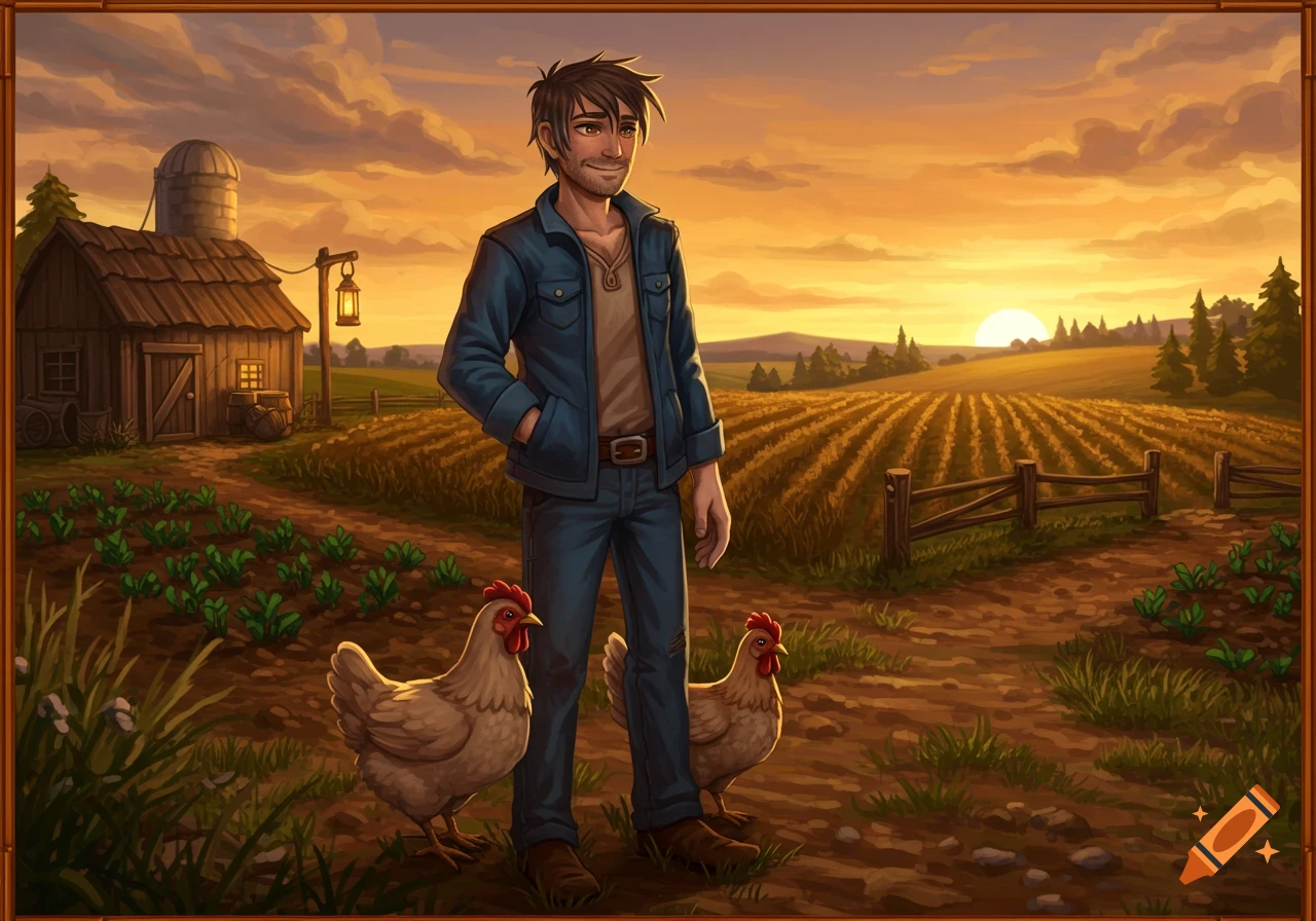 Stylized illustration of Shane from Stardew Valley with two chickens on a farm at sunset.