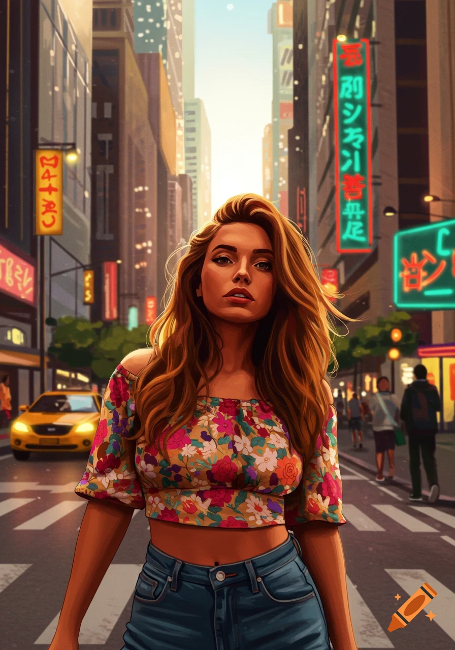 A woman in a floral crop top and jeans walks down a city street with neon signs, in a digital art style.