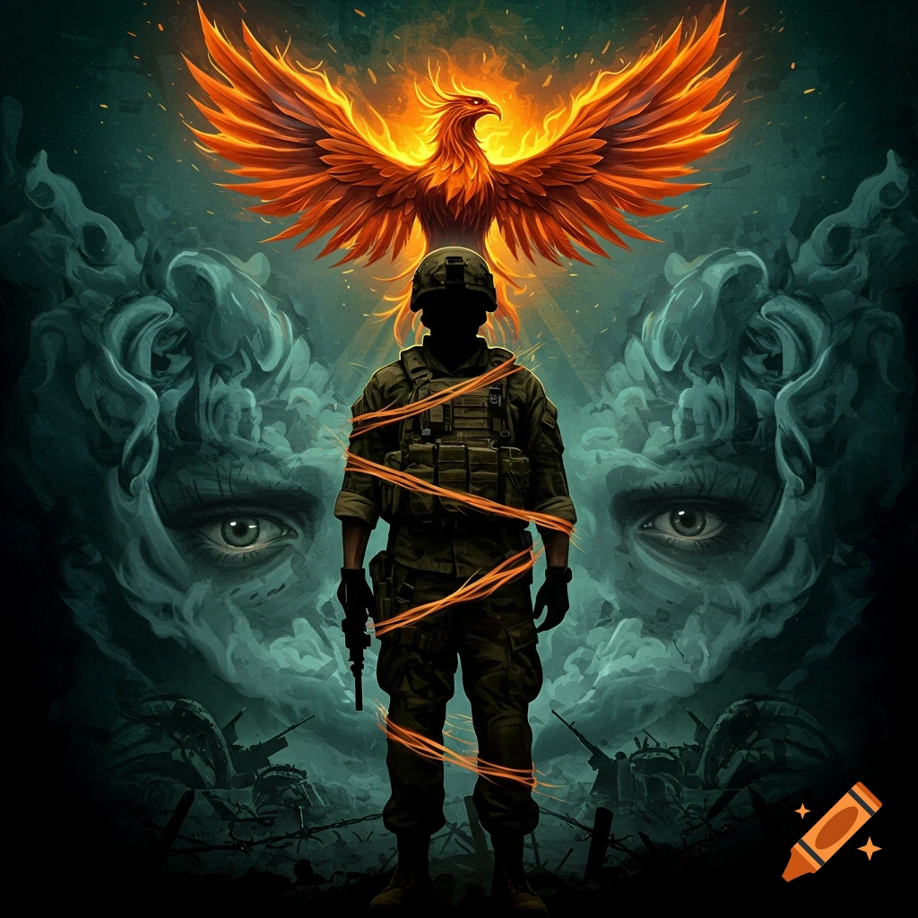 A dark, dramatic, symbolic illustration of a soldier wrapped in glowing orange threads, standing before a fiery phoenix and ethereal faces.