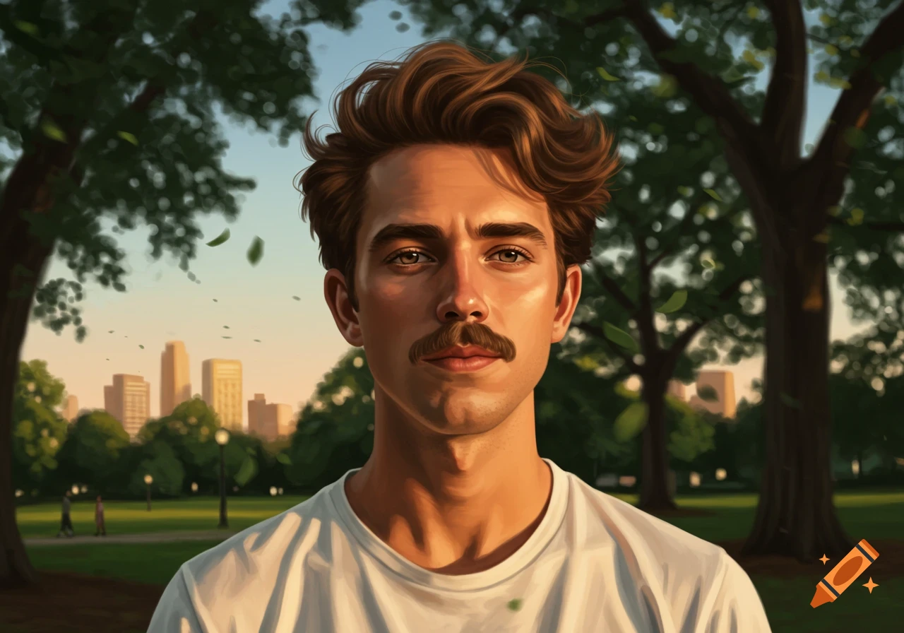 Digital painting of a young man with a mustache wearing a white T-shirt, standing in a park with a city skyline in the background.