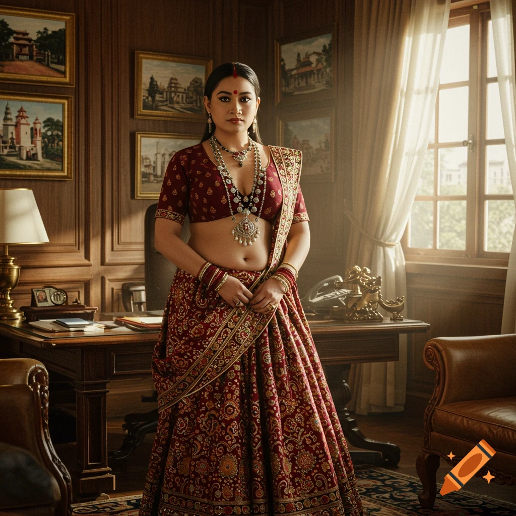 Photorealistic portrait of a woman in a red lehenga choli and intricate jewelry, standing in an elegant office.