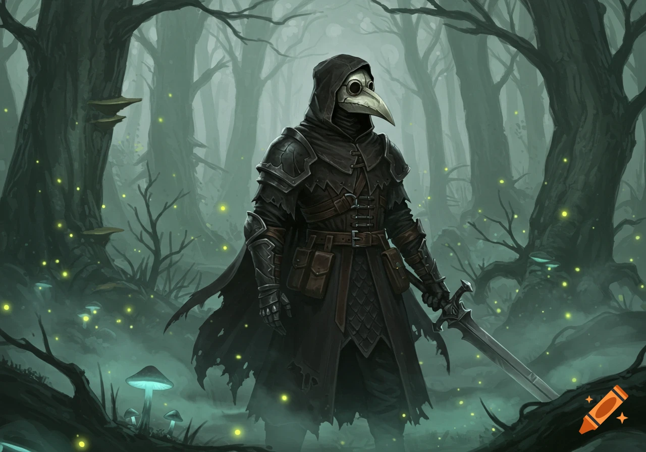 Plague doctor knight in dark armor with a sword in a misty, glowing fantasy forest.