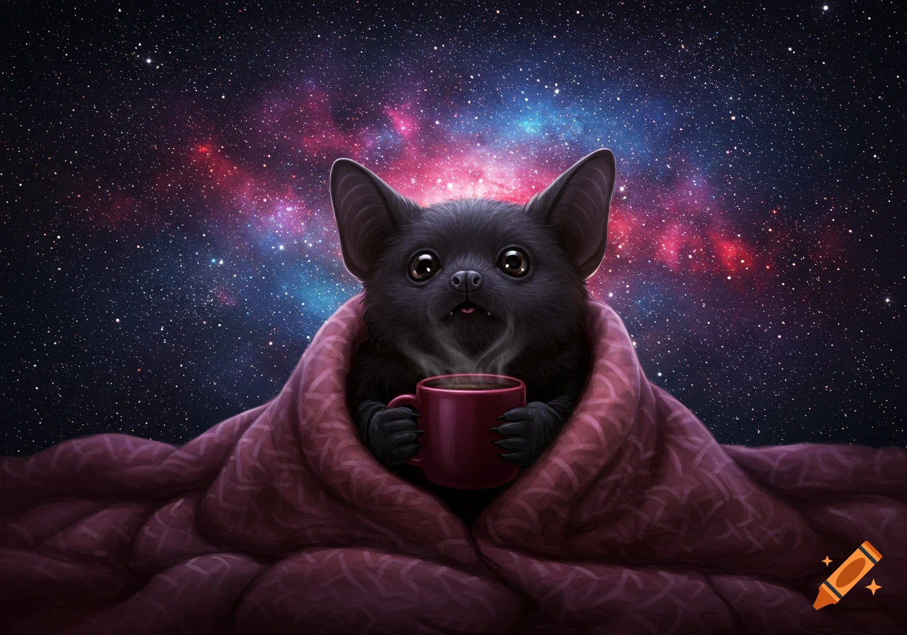 A cute black bat wrapped in a red blanket holds a steaming dark red mug against a vibrant starry galaxy with pink and blue nebulae. Stylized.
