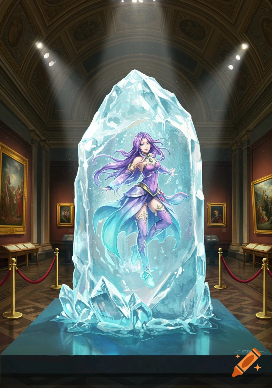 Anime-style character Angela from Trials of Mana frozen in a large ice block, displayed in a grand museum.