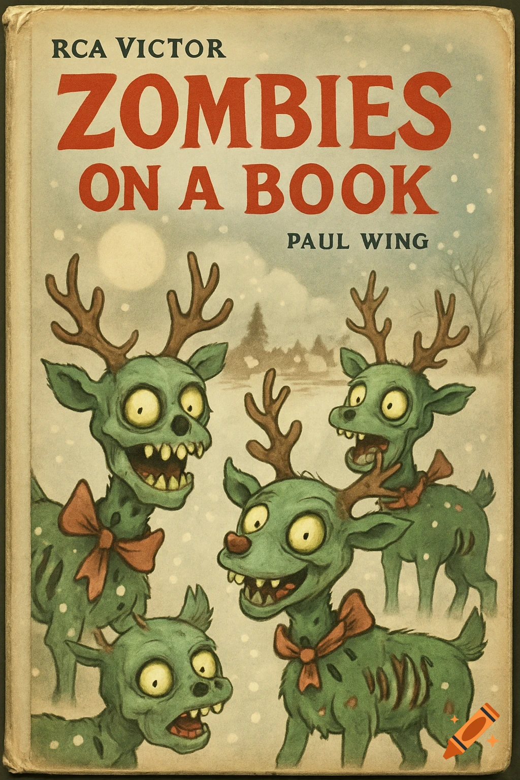 Cartoon book cover for 'ZOMBIES ON A BOOK' by Paul Wing, showing green zombie reindeer in a snowy winter scene.
