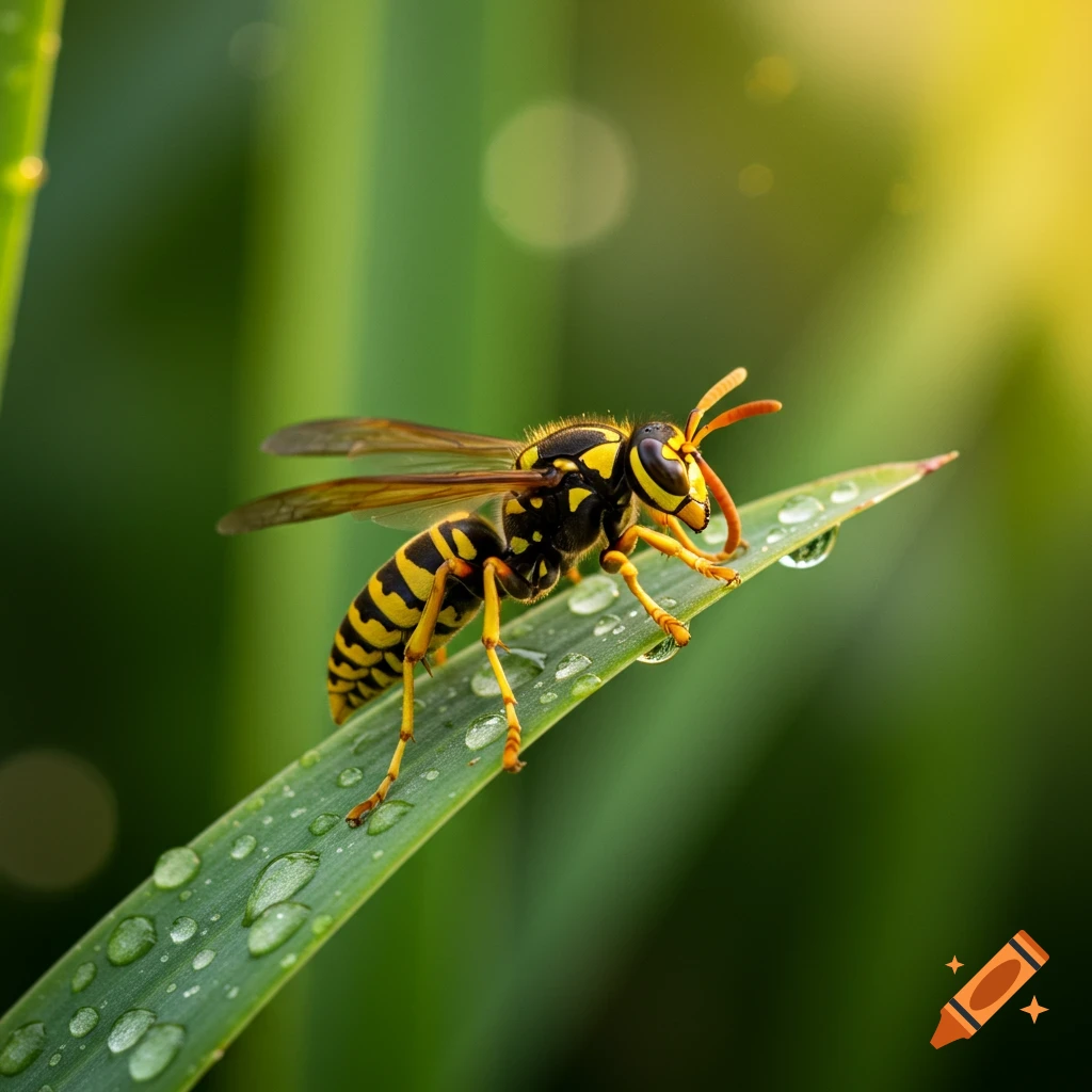 Close-up photorealistic image of a yellowjacket wasp with black and yellow stripes on a green leaf with dewdrops.