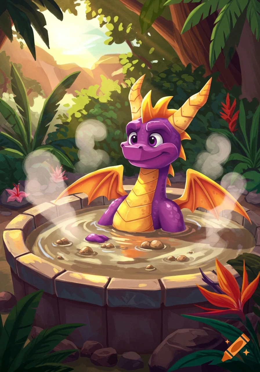 A happy purple and gold cartoon dragon, Spyro, relaxes in a steaming mud hot tub in a lush jungle setting.