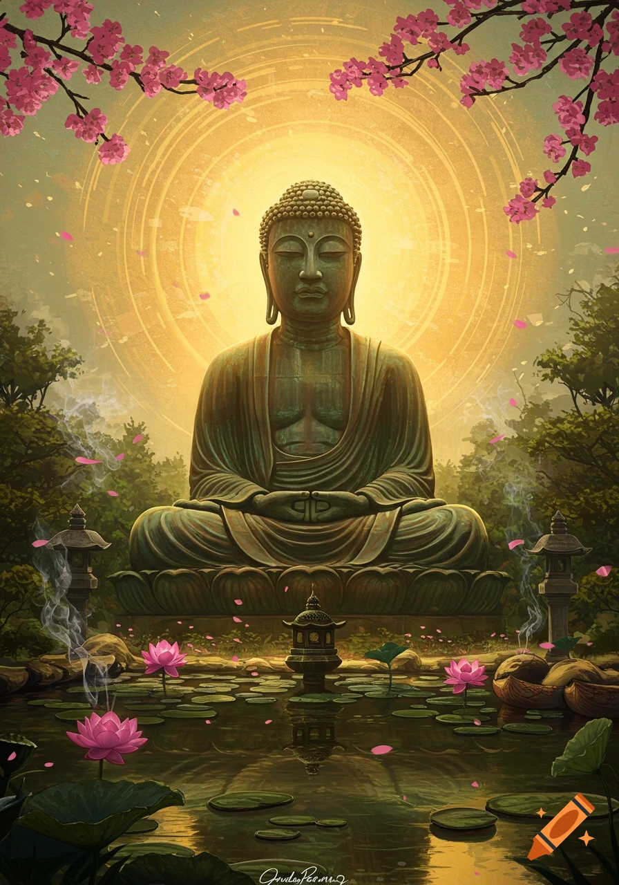 A serene bronze Buddha statue meditates in a lush garden with pink cherry blossoms, glowing halo, and lotus flowers on a pond.