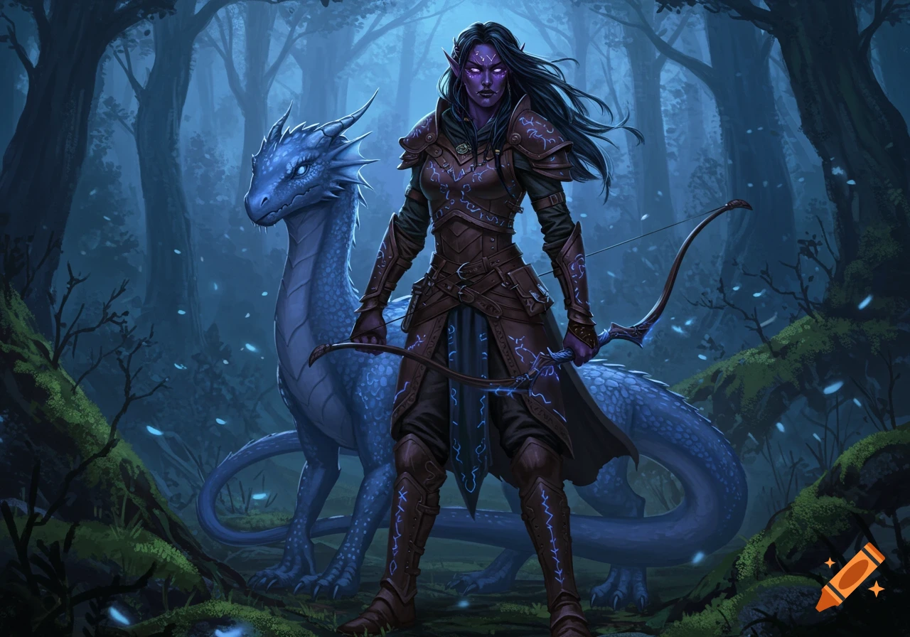 A purple-skinned female ranger with a bow stands beside a blue dragon in a dark, misty forest, fantasy art style.
