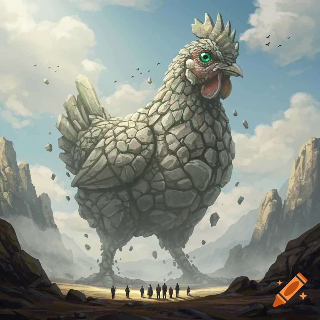 A colossal chicken made of rocks stands in a vast, arid valley with tiny humans looking up at it. Floating rocks surround the creature under a cloudy sky.