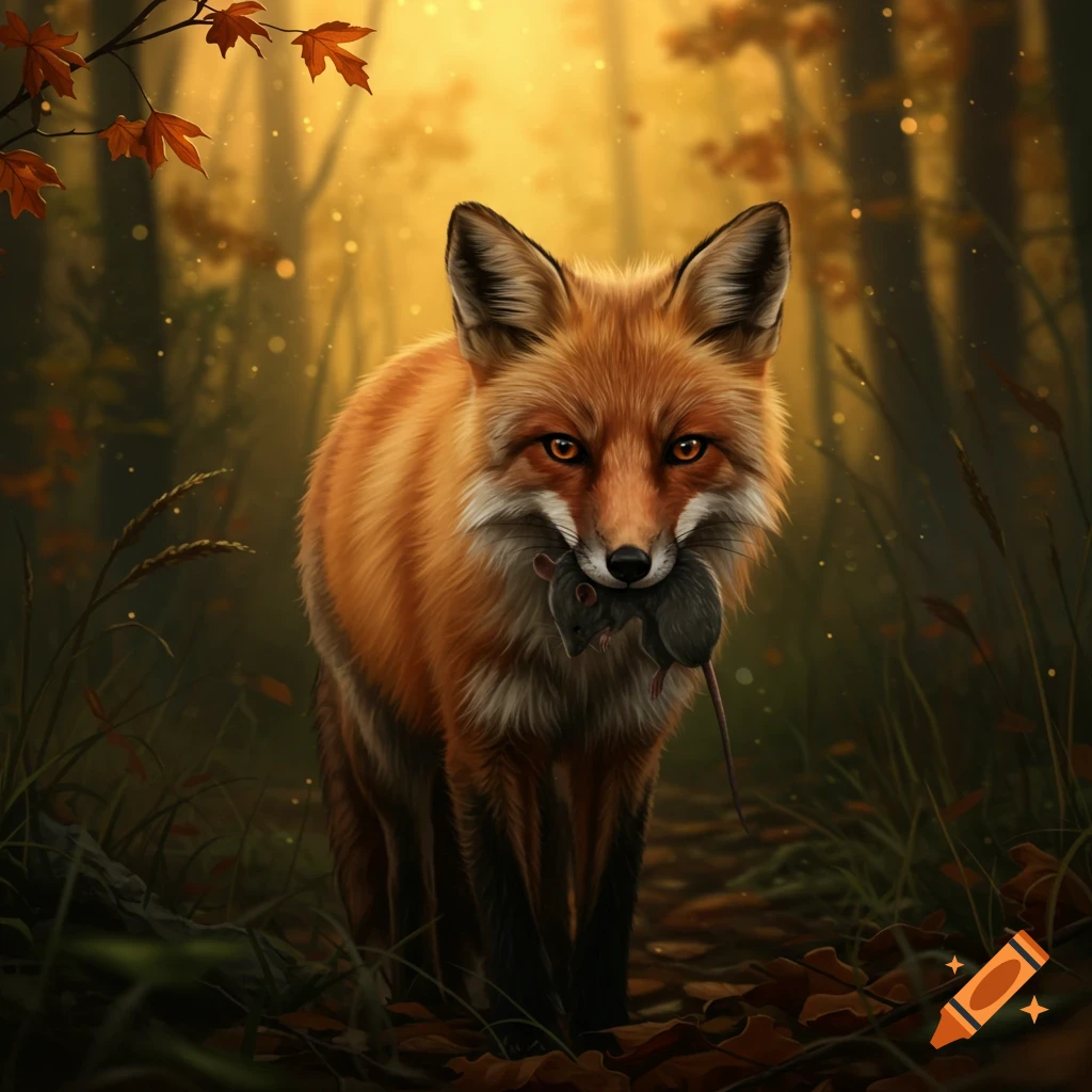 Photorealistic red fox holding two dead mice in its mouth, walking through an autumn forest at sunset.