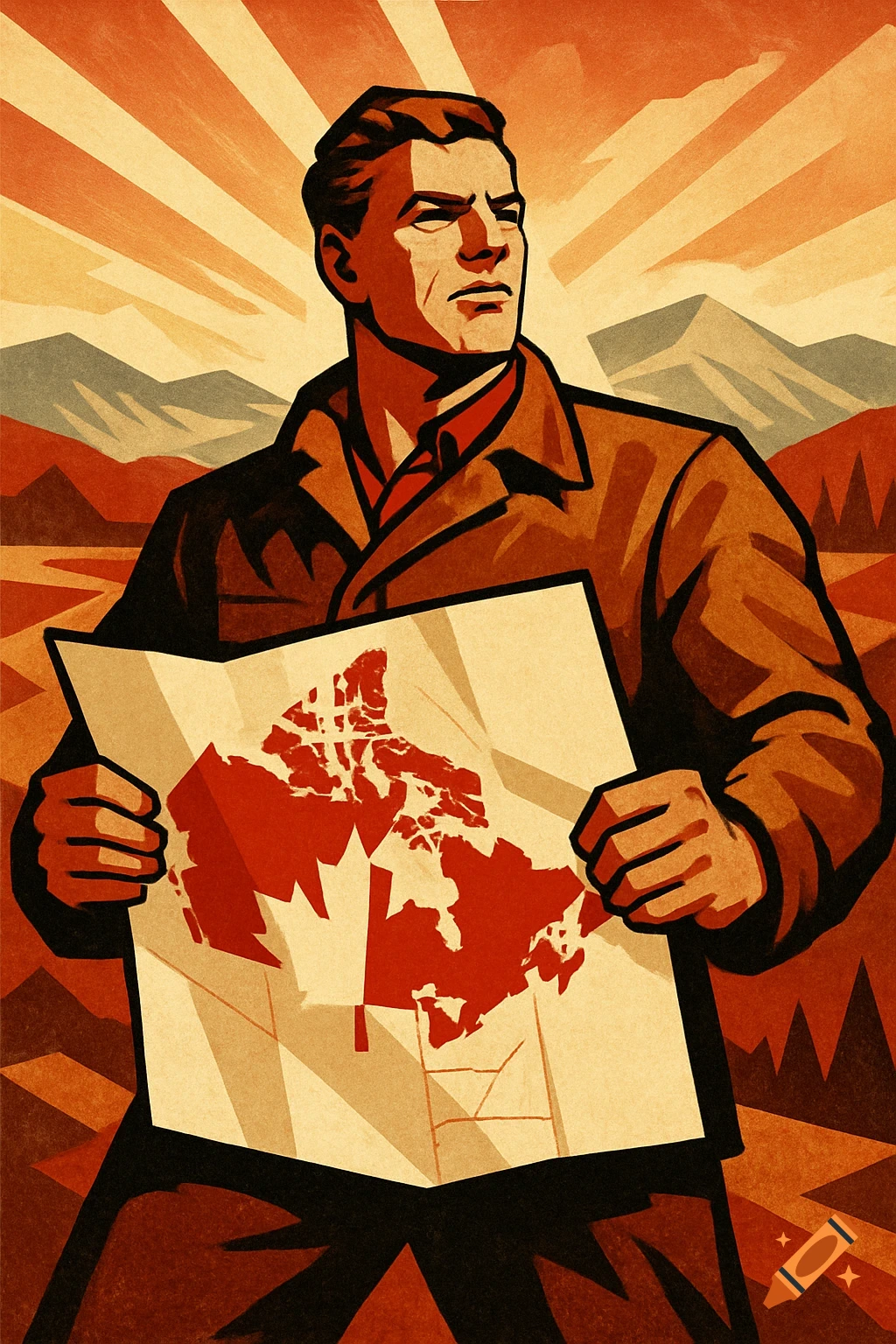 Man in Soviet Socialist style poster holds a map of Canada with a maple leaf symbol.