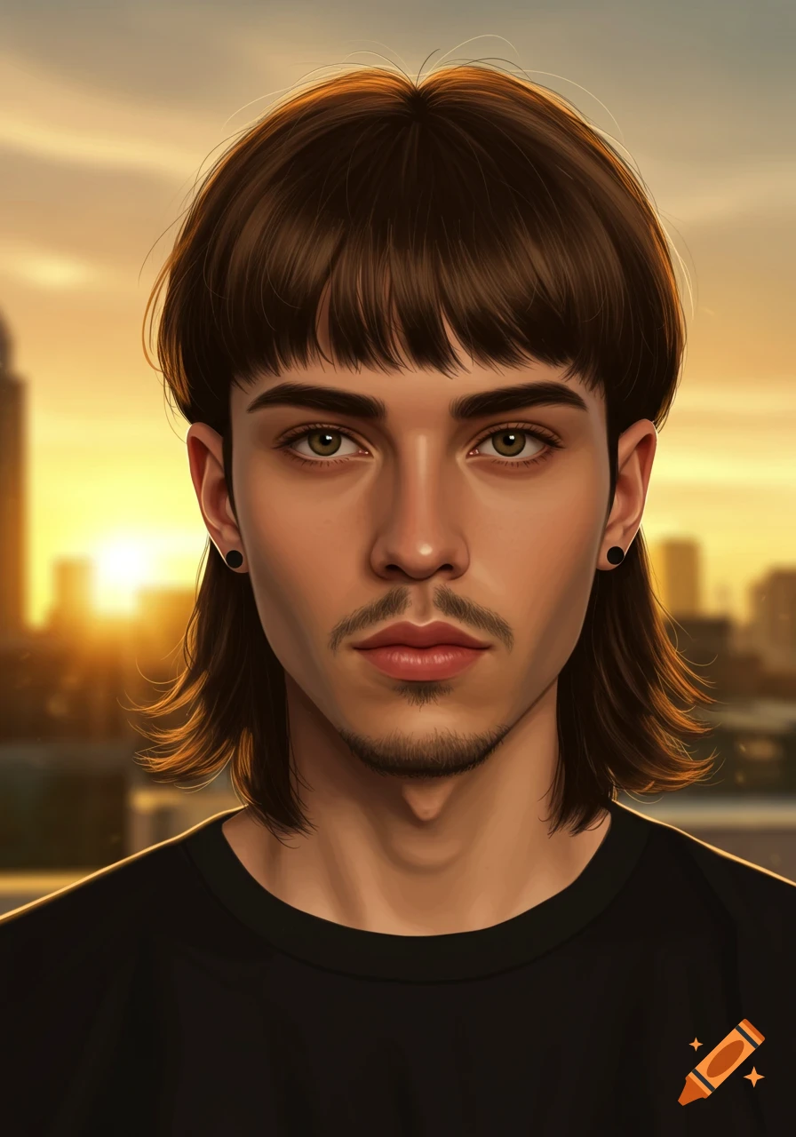 Close-up digital art portrait of a young man with a fringe haircut and light stubble, against a blurred city sunset background.