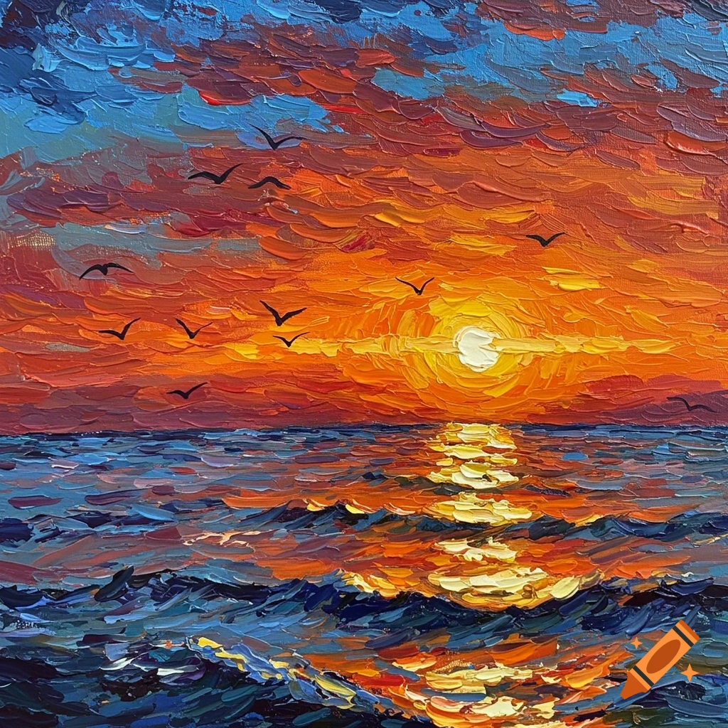 Vibrant impasto painting of a sunset over the ocean, with a bright sun, dramatic orange and red clouds, dark blue waves, and silhouetted birds flying.