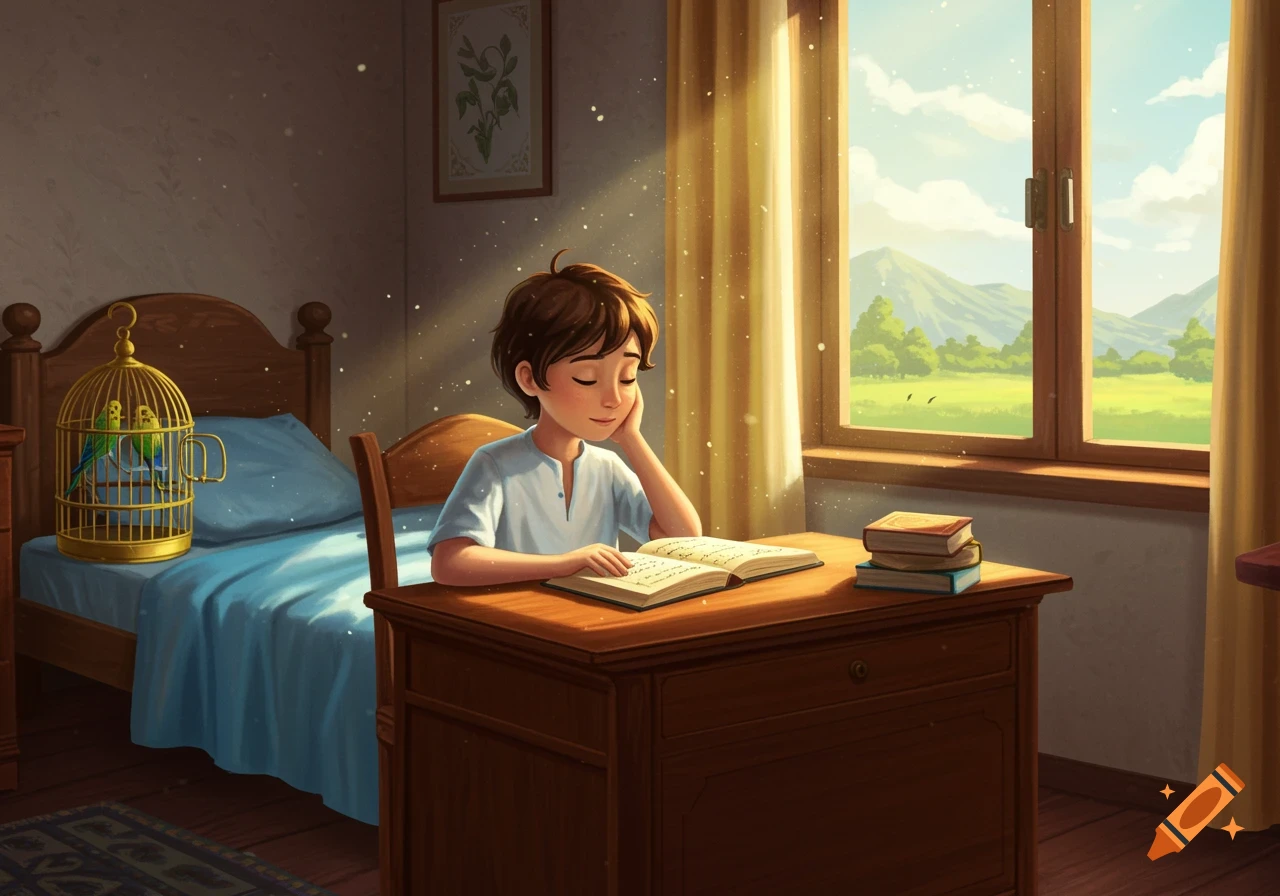 Illustrated boy with closed eyes peacefully reading a book at a desk in a sunlit room with a birdcage and a scenic window view.