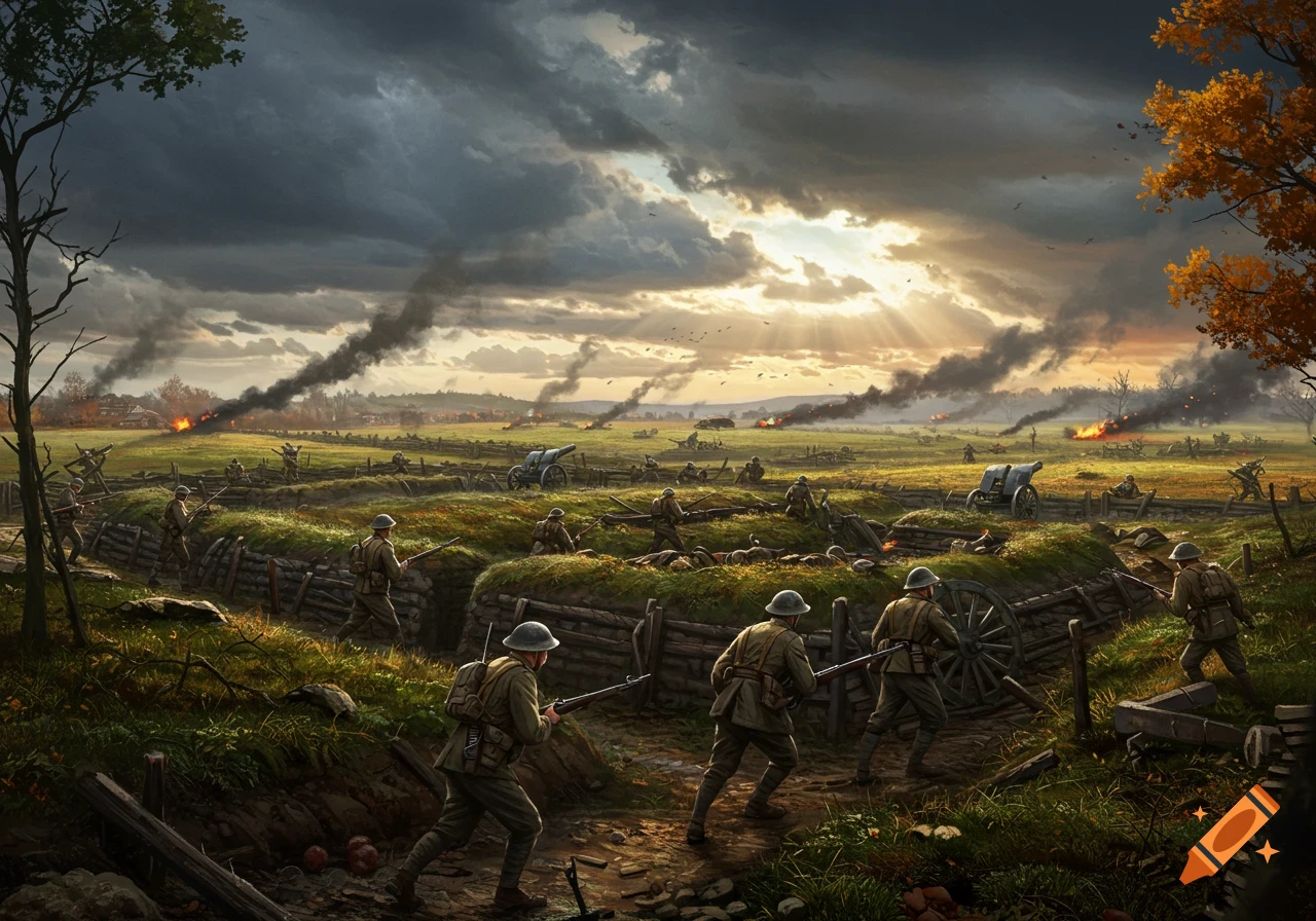 WWI battlefield with soldiers in trenches amidst explosions and smoke under a dramatic, cloudy sky with sun rays.