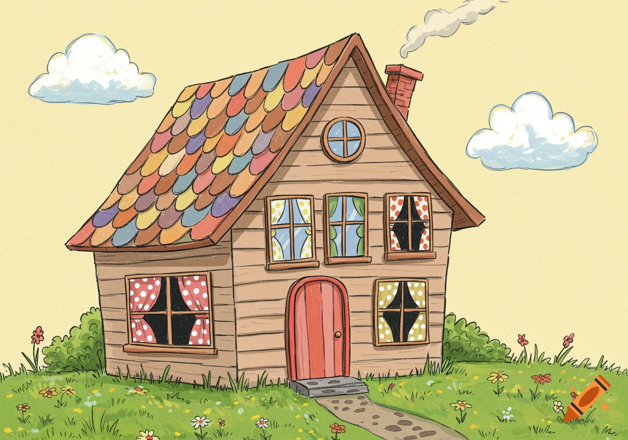 A child's drawing of a charming cartoon house with a colorful shingled roof, red door, and patterned window curtains on a grassy hill.