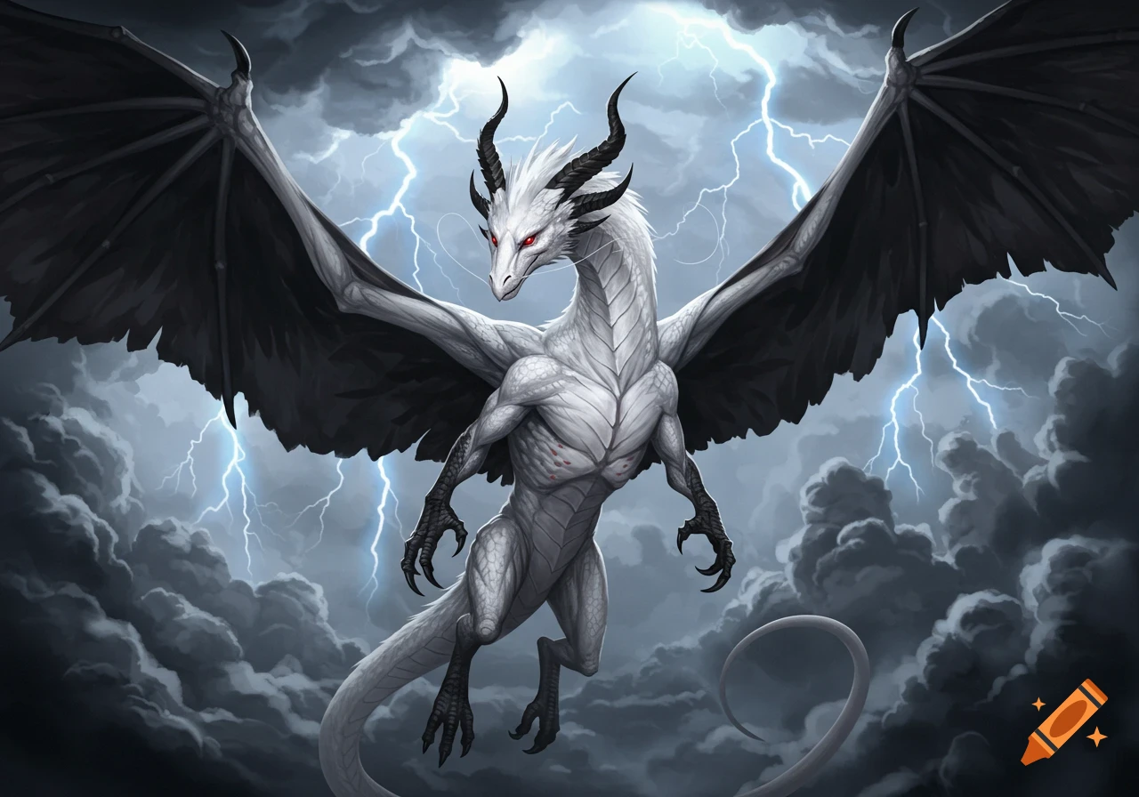 A powerful white dragon with large black wings and horns flies through a dark, stormy sky with lightning.