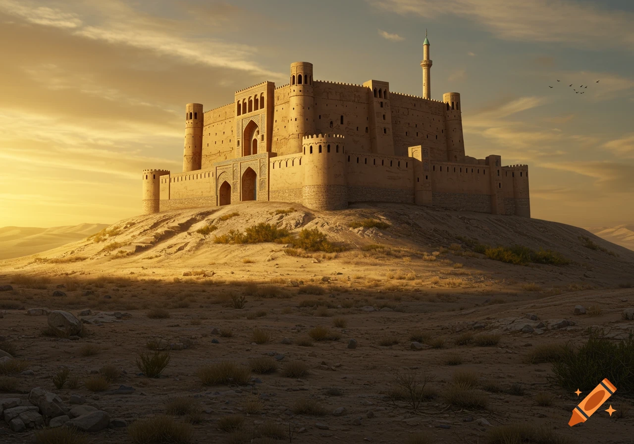 Realistic image of a historic mudbrick castle on a desert hill under a golden sunset.
