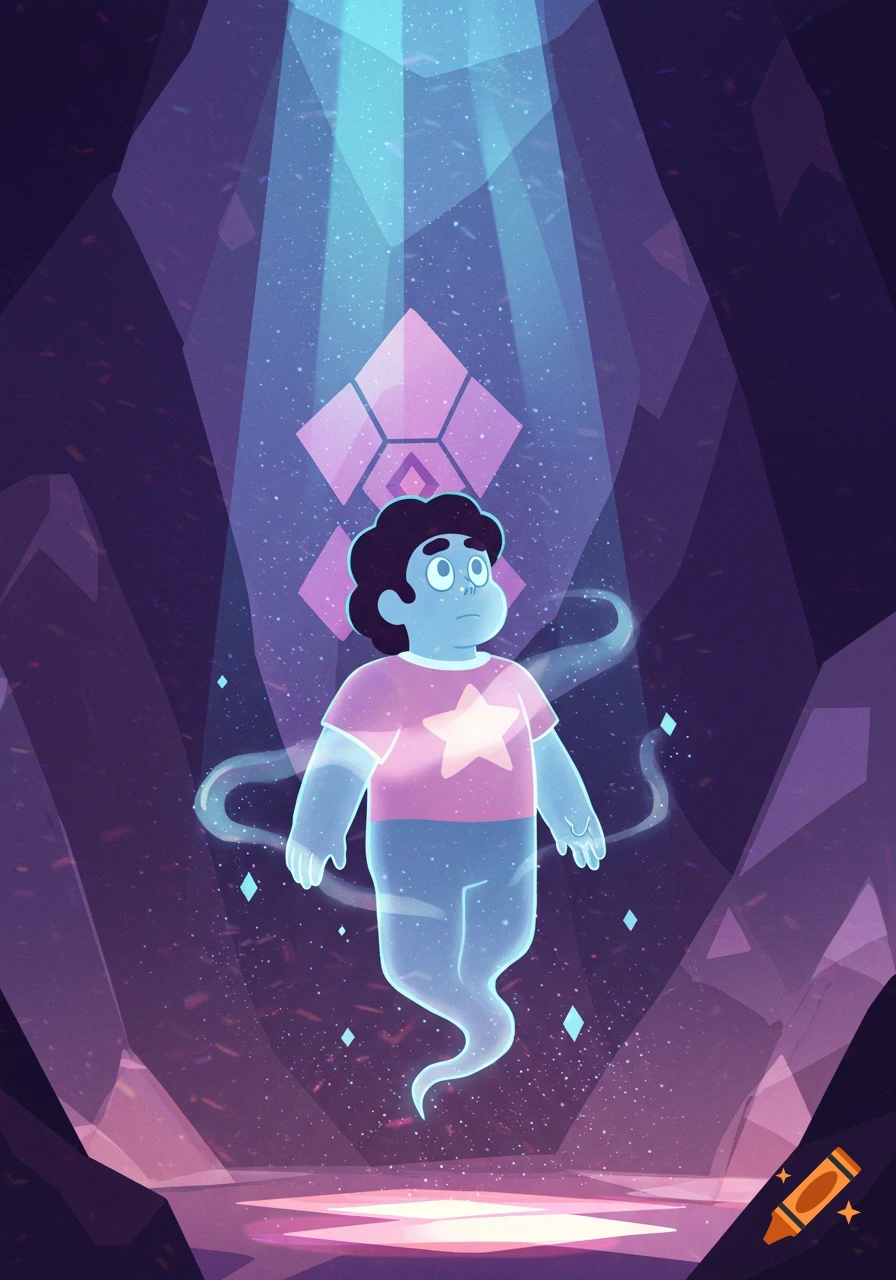 Cartoon illustration of a glowing, translucent Steven Universe ghost floating in a dark, crystalline cavern under a light beam.