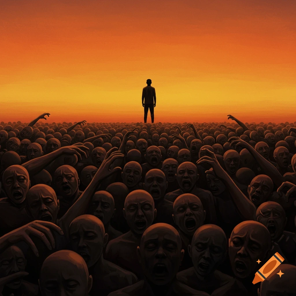 A lone silhouetted figure stands in the distance against a huge, dark crowd of distorted, screaming faces and reaching hands under an orange sky.