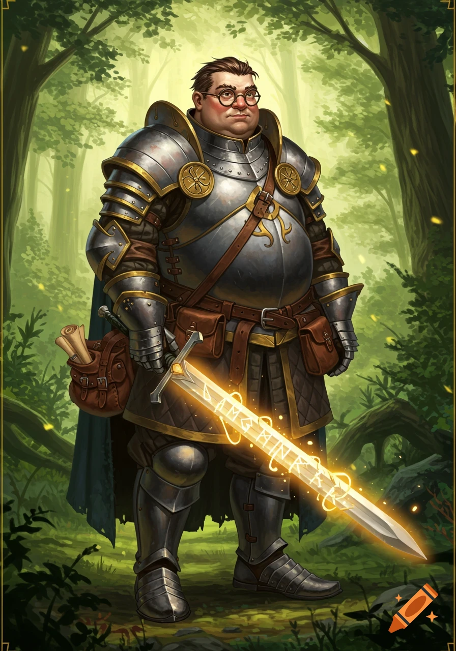 A slightly overweight, nerdy male fantasy warrior in full plate armor holds a glowing, runic sword in a lush forest.