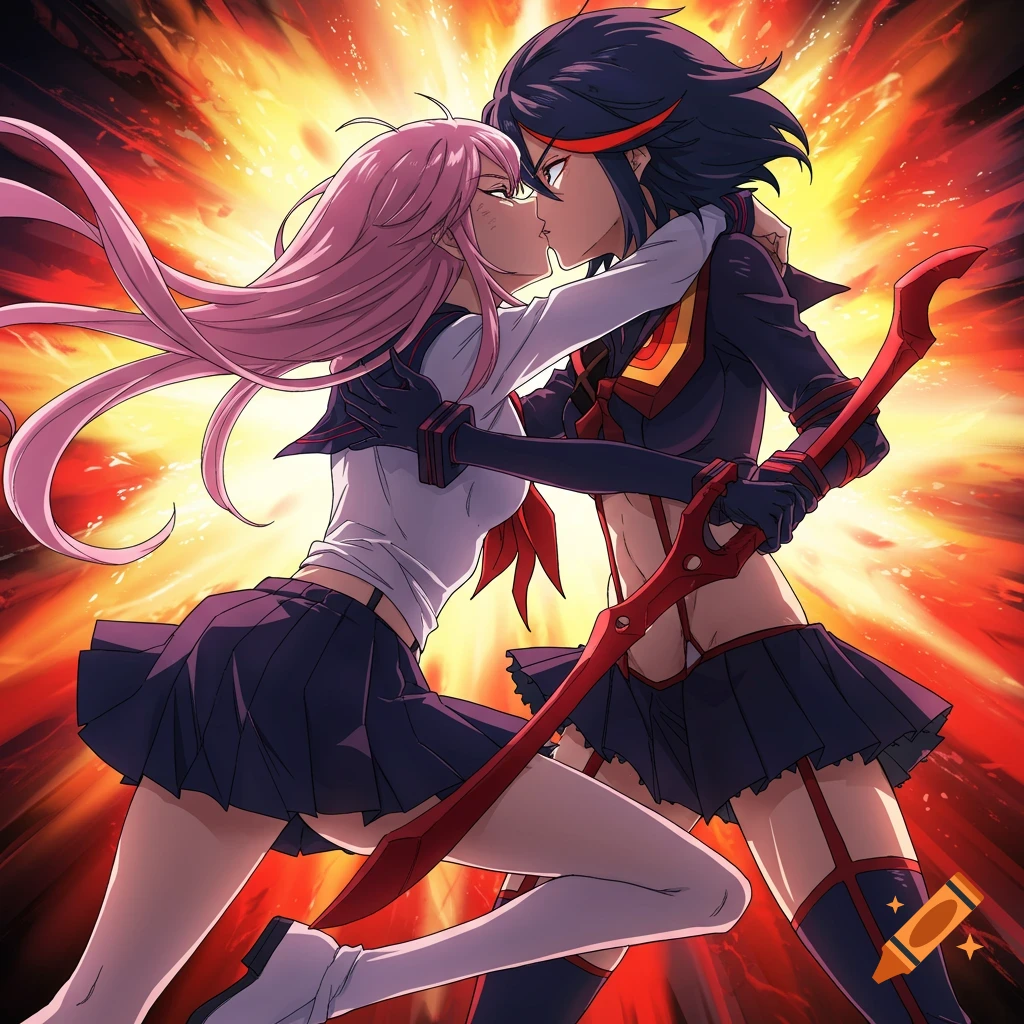 Anime style: Pink-haired girl and dark-haired girl passionately kiss against a fiery background. The dark-haired girl wields a red sword.