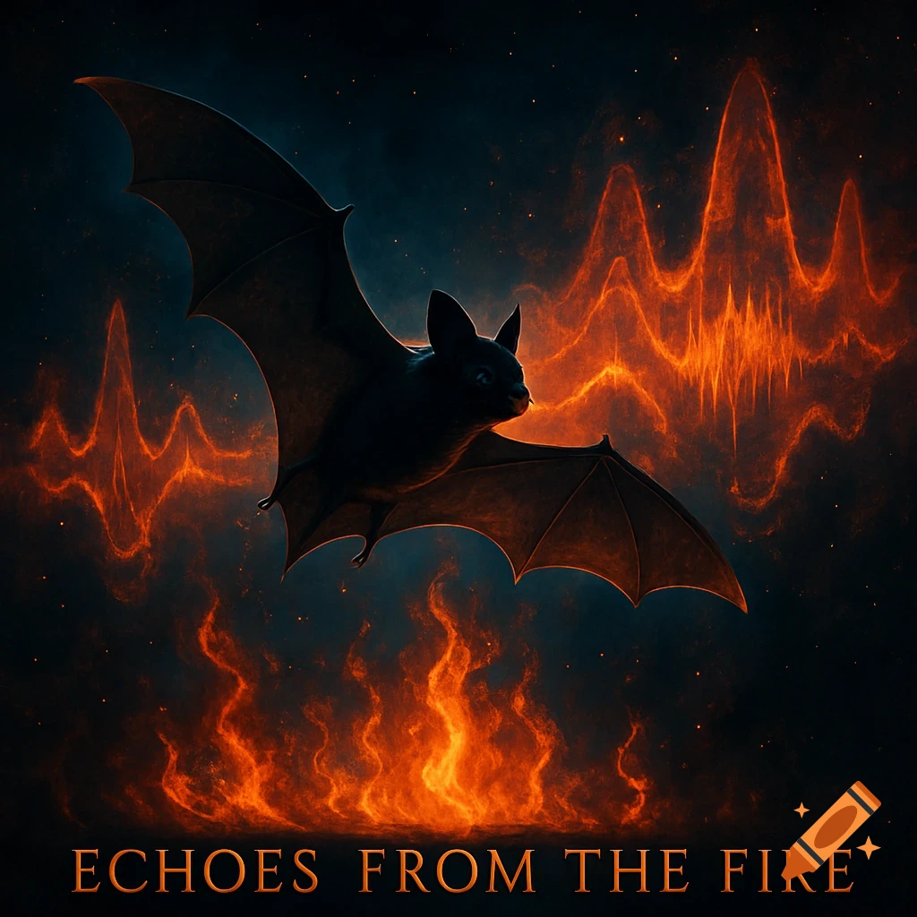 A dark bat with large wings flies across a dark sky filled with orange fire, sound wave patterns, and the text 'ECHOES FROM THE FIRE'.