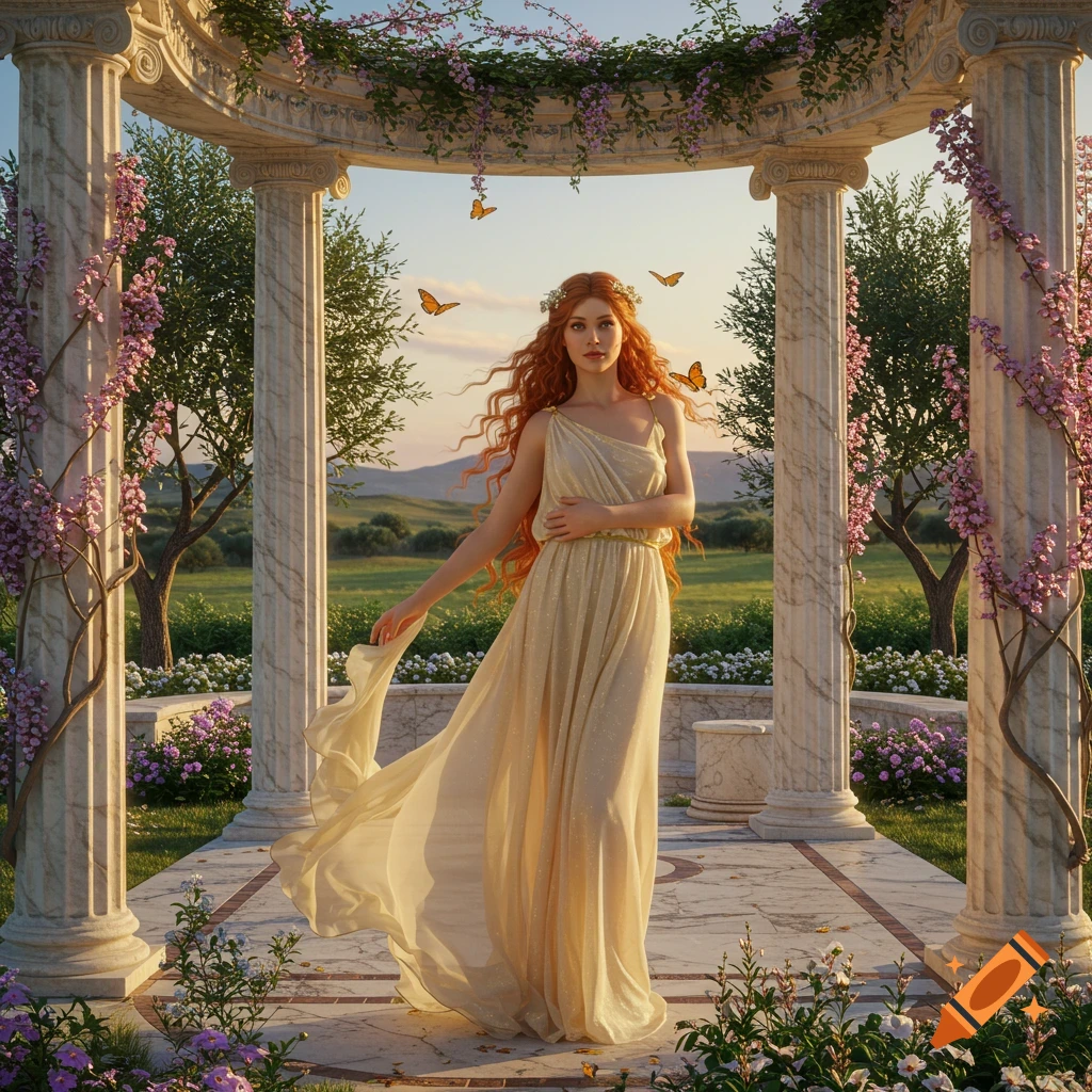 A red-haired woman in a flowing cream gown stands under a classical pergola adorned with flowers, surrounded by butterflies in a lush garden.