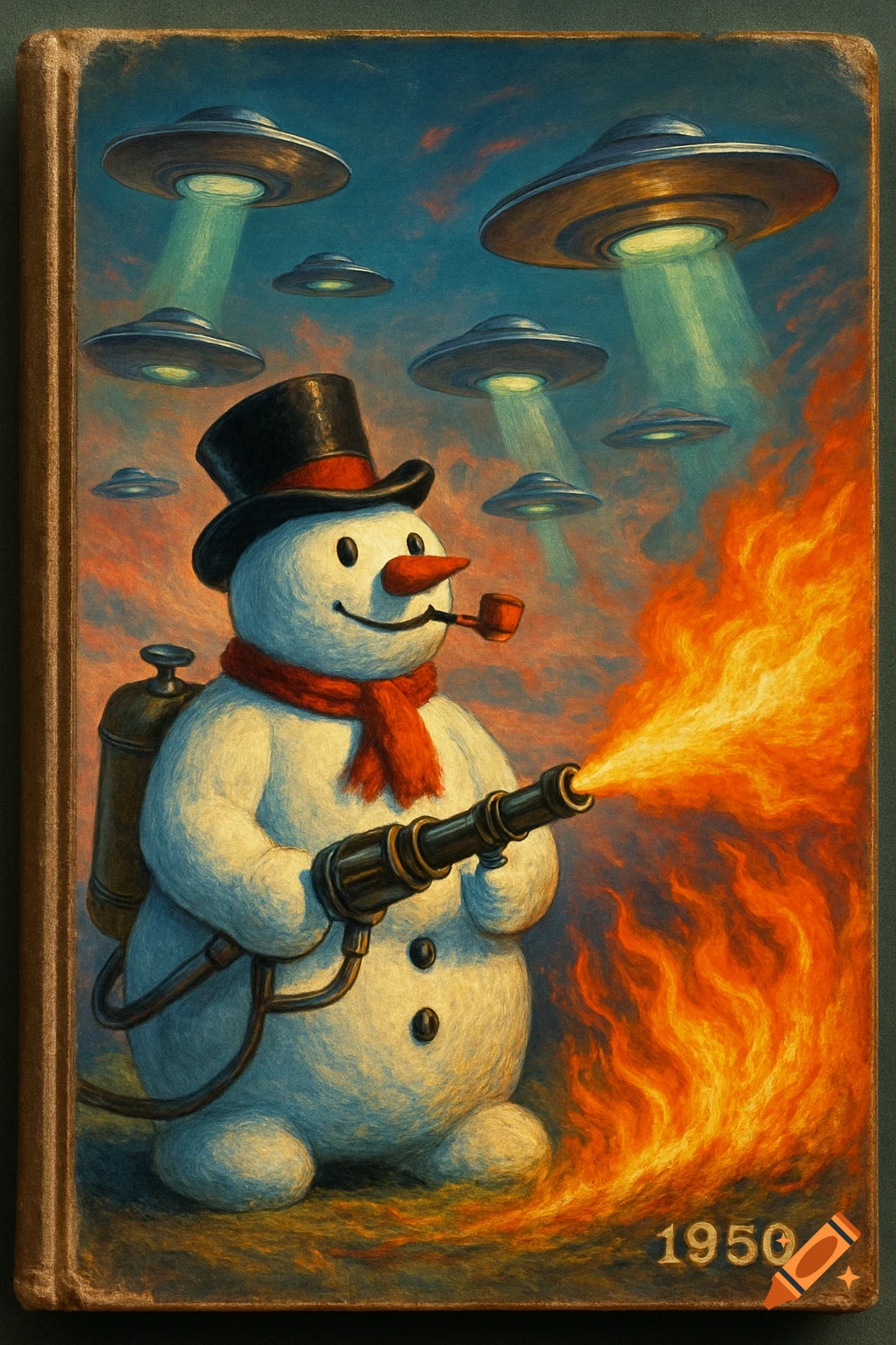 A vintage painting style book cover shows a snowman with a flamethrower battling flying saucers in a fiery sky, with '1950' in the corner.