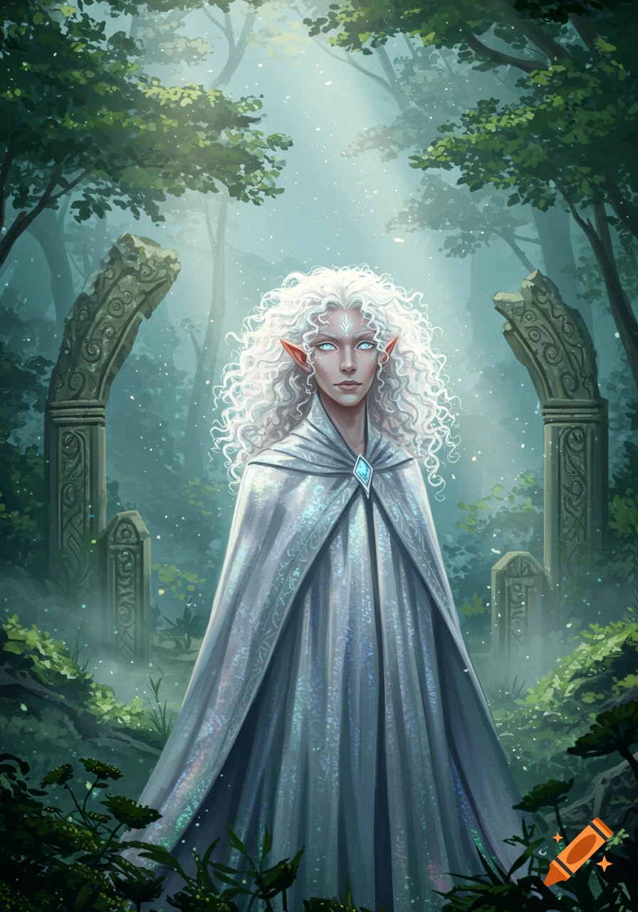 A white curly-haired elf with glowing blue eyes and a white cloak stands in a misty, ancient forest with ruins.