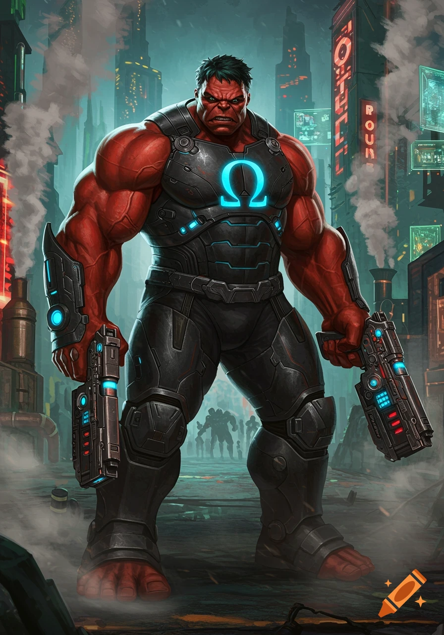 Red Hulk in black battle armor with a glowing omega symbol, holding futuristic pistols in a smoke-filled cyberpunk city street.