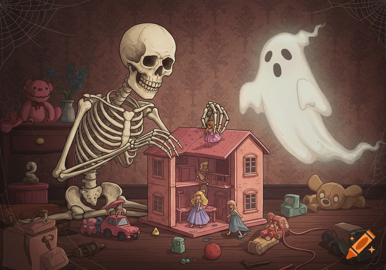 A cartoon skeleton and a ghost play with a dollhouse and scattered toys in a dusty, cobwebbed room.