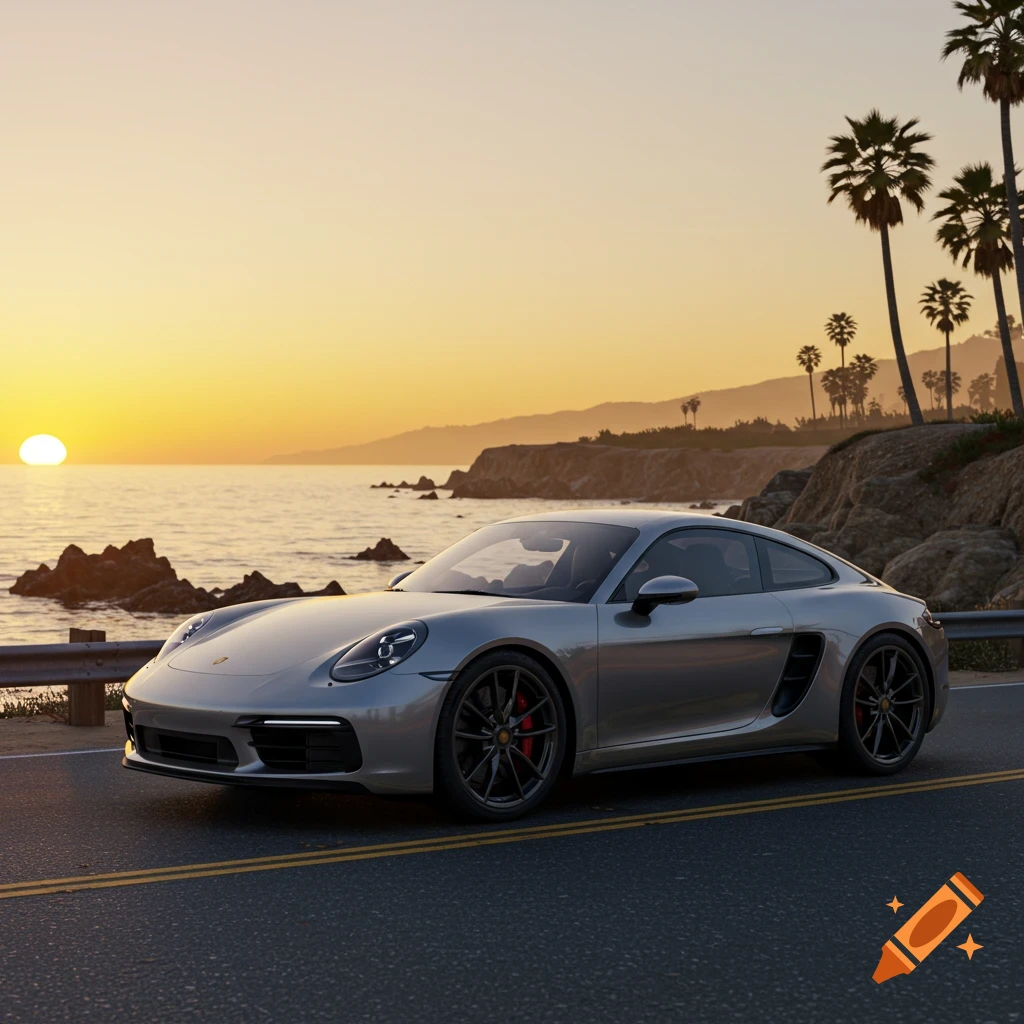 Silver Porsche sports car parked on a coastal road at sunset with palm trees and ocean.