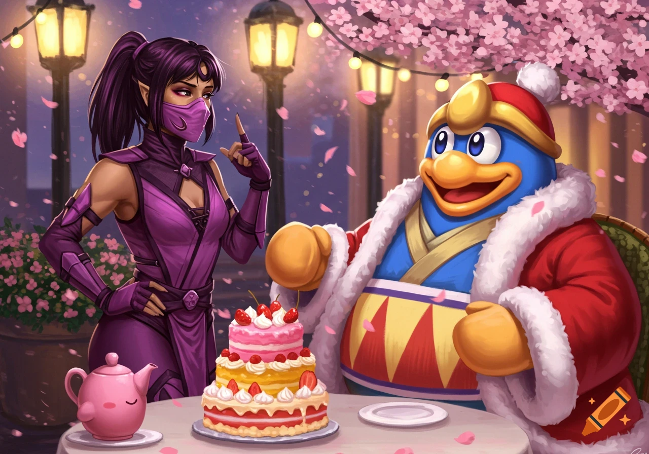 Mileena and King Dedede on a date, sitting at a cafe table with a tiered cake under cherry blossoms, in an illustrative style.