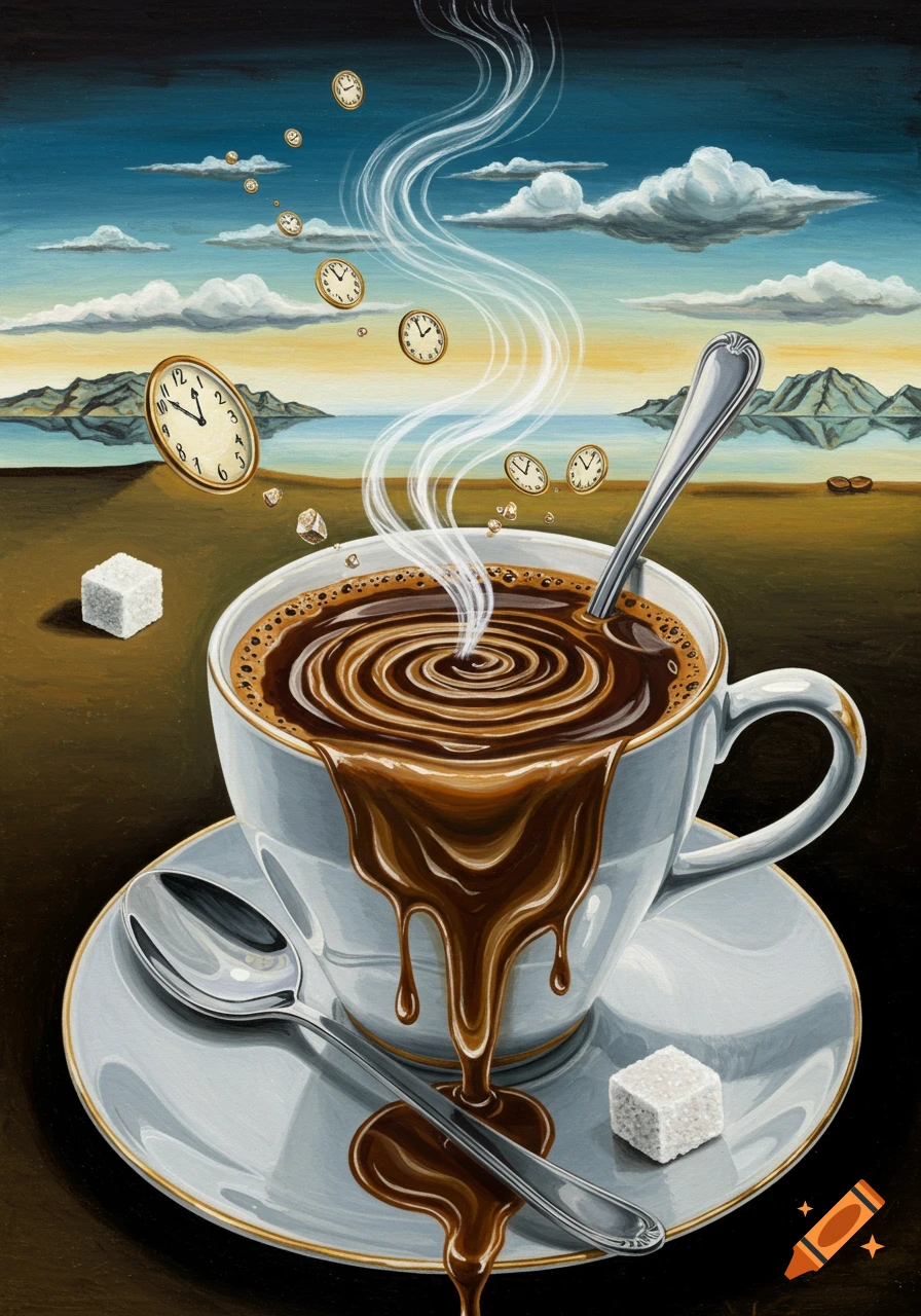 Surreal painting of an overflowing coffee cup with melting coffee, floating clocks, and sugar cubes against a dreamlike landscape.